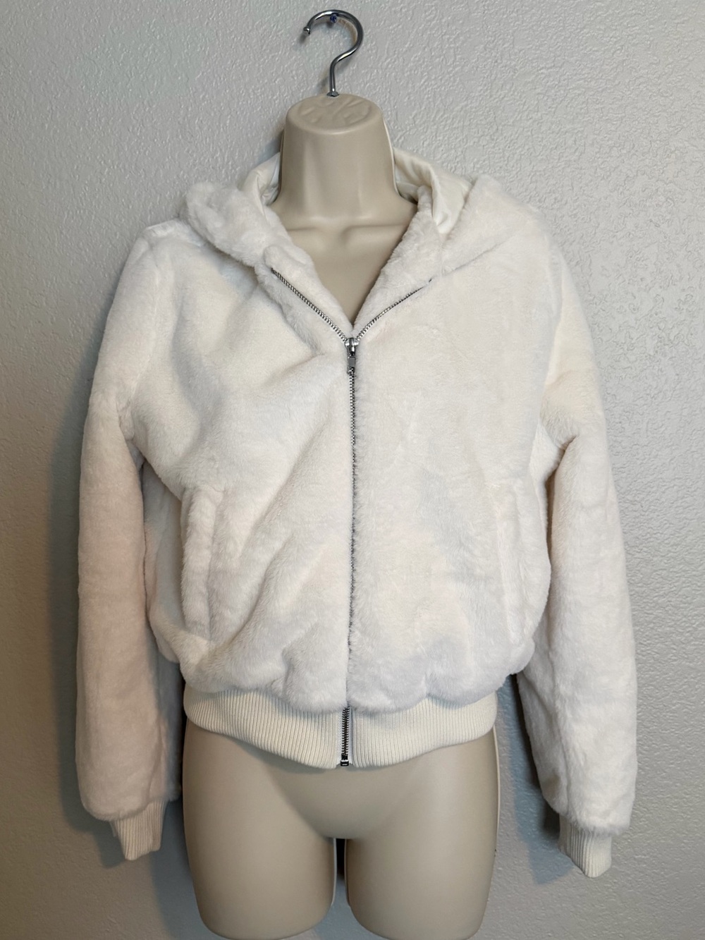 Faux Fur Hooded Bomber Jacket in White